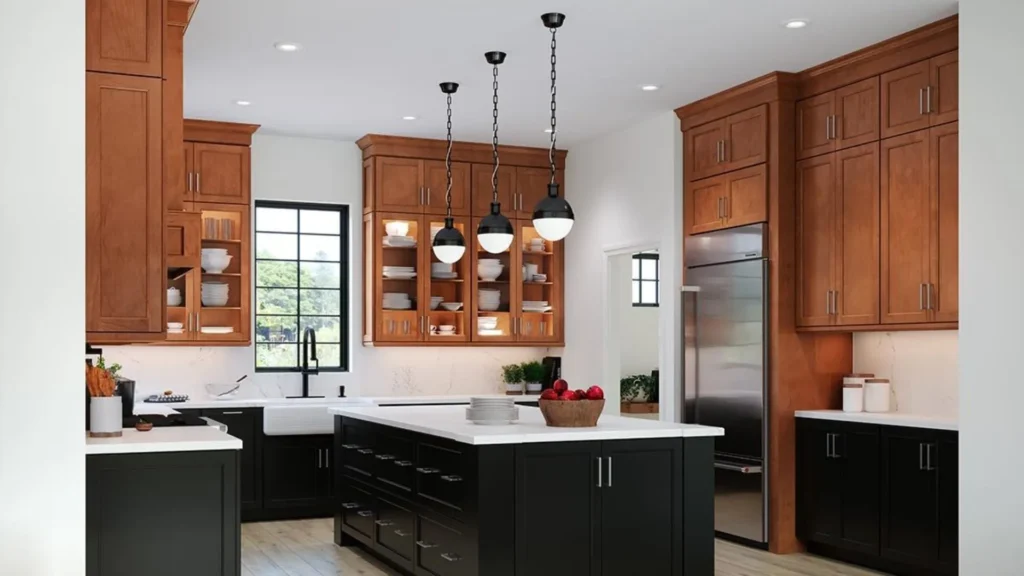 Glass Kitchen Cabinets with Natural Wooden Cabinets
